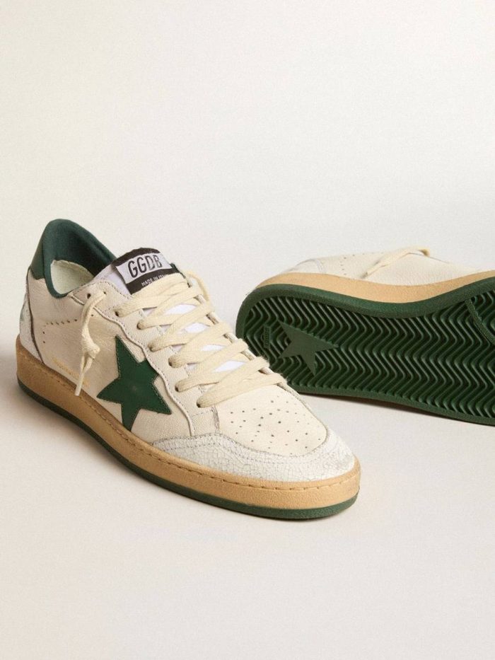 Golden Goose Ball Star Women's Ball Star Wishes In White Nappa Leather With Green Leather Star And Heel Tab Women