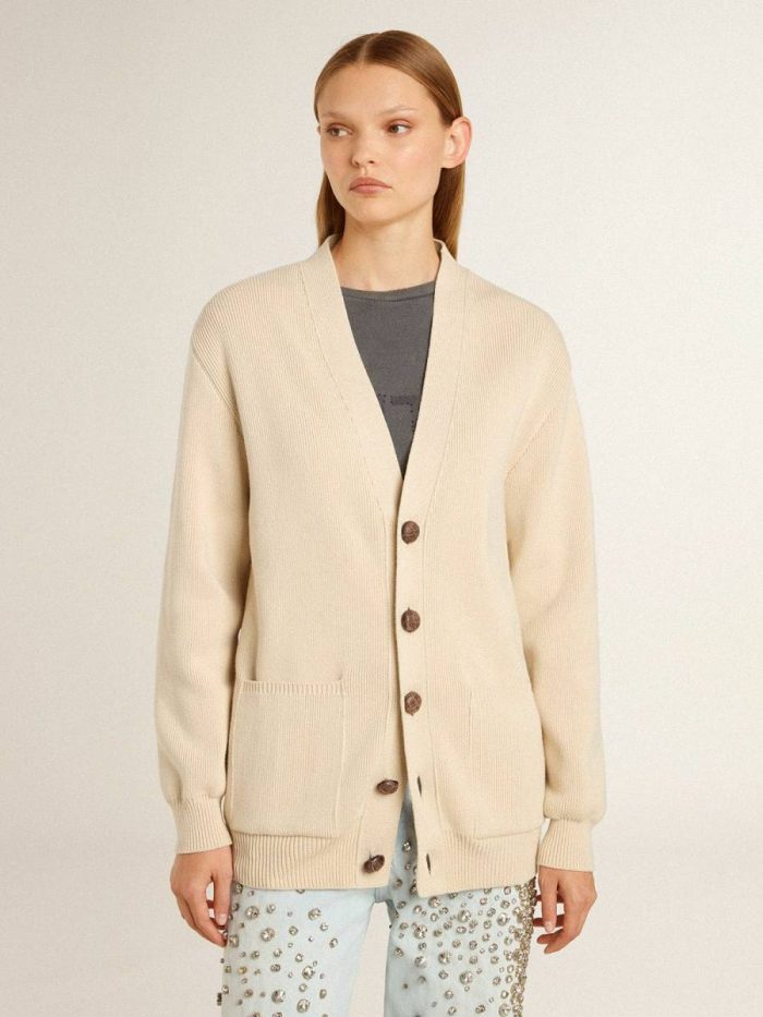 Golden Goose Beige Women Knitwear Women’s Beige Cardigan With 'Golden' Lettering On The Back