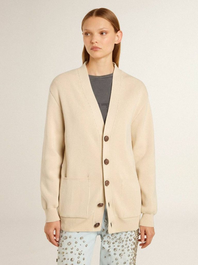 Golden Goose Beige Women Knitwear Women’s Beige Cardigan With 'Golden' Lettering On The Back