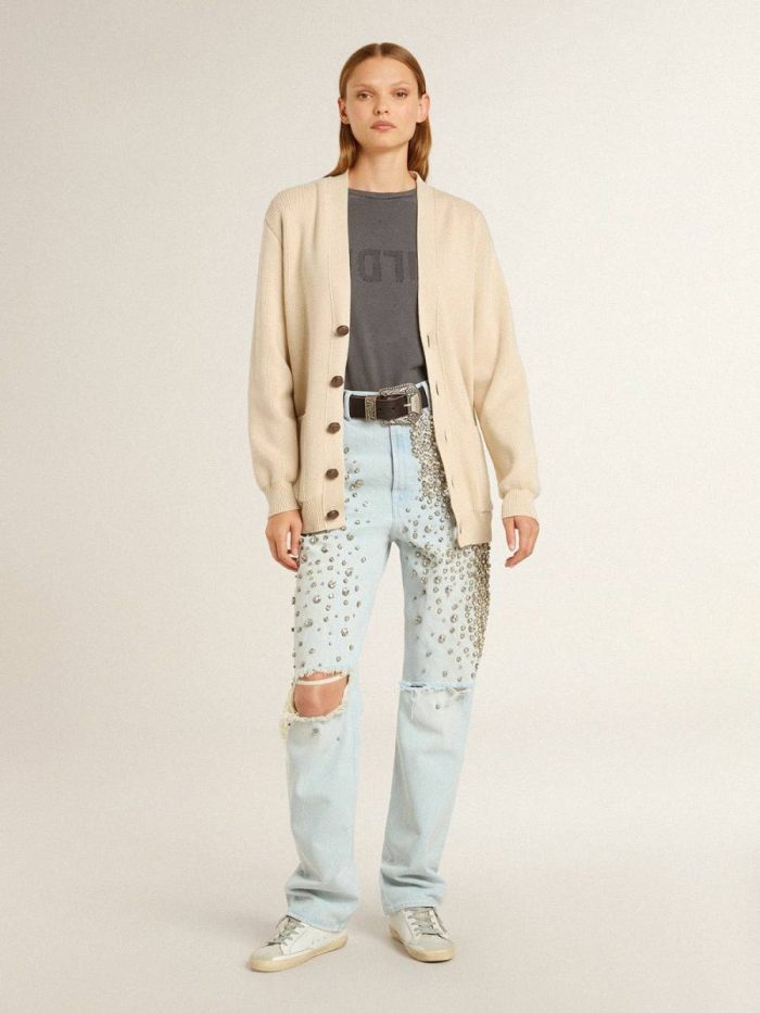 Golden Goose Beige Women Knitwear Women’s Beige Cardigan With 'Golden' Lettering On The Back