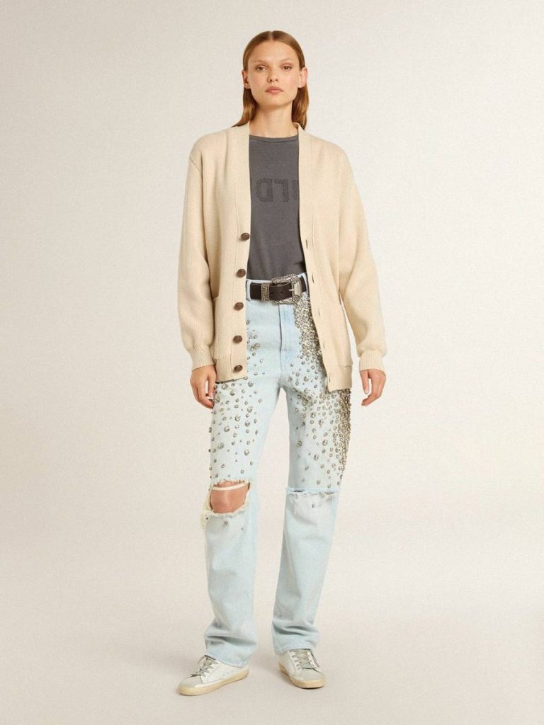 Golden Goose Beige Women Knitwear Women’s Beige Cardigan With 'Golden' Lettering On The Back