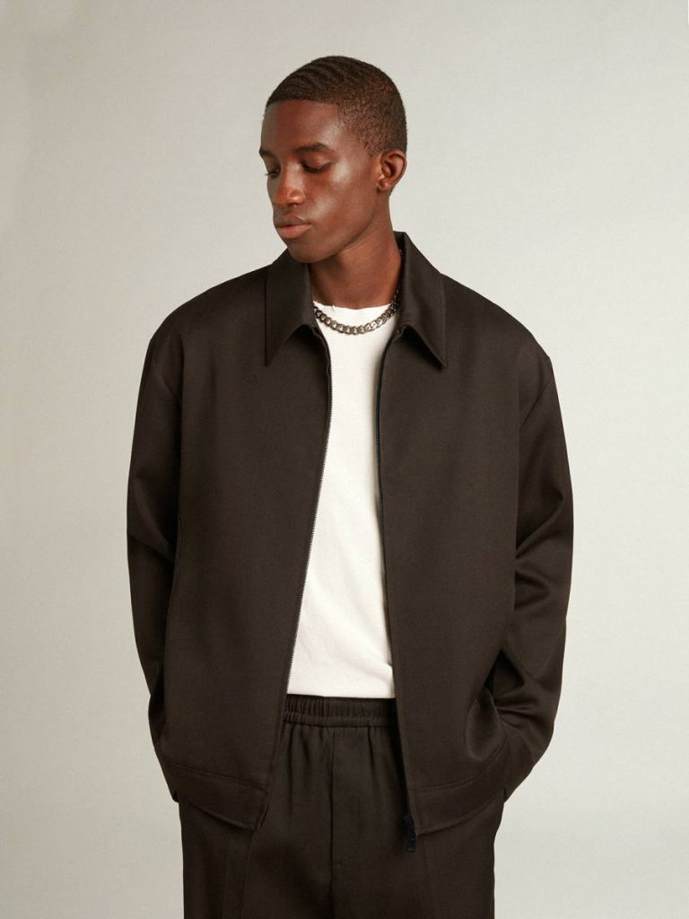 Golden Goose Black Men’s Zip-Up Jacket In Black Wool Gabardine Men Coats & Jackets