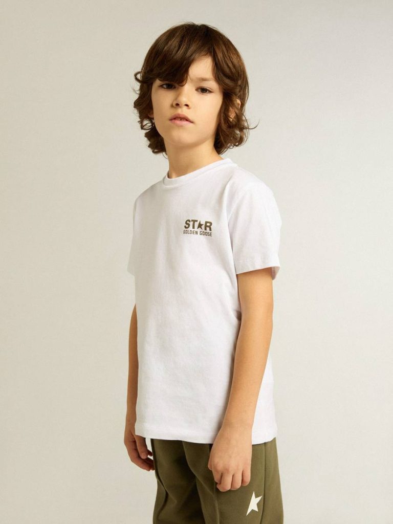 Golden Goose Boys' White T-Shirt With Contrasting Dark Green Logo And Star Topwear Selection (4-12 Years) Kids White