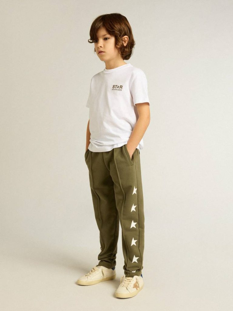 Golden Goose Boys' White T-Shirt With Contrasting Dark Green Logo And Star Topwear Selection (4-12 Years) Kids White