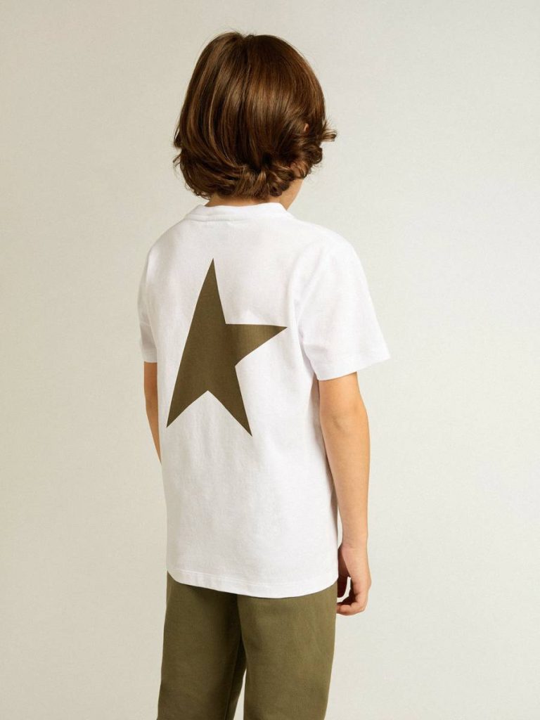 Golden Goose Boys' White T-Shirt With Contrasting Dark Green Logo And Star Topwear Selection (4-12 Years) Kids White