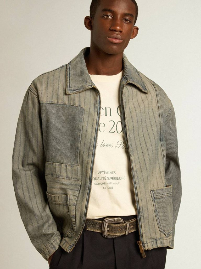 Golden Goose Coats & Jackets Men Gray Denim Men’s Denim Jacket With Stripes And Patches On The Front