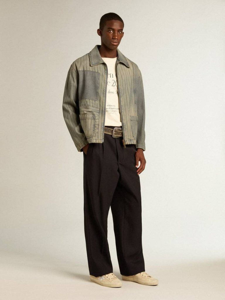 Golden Goose Coats & Jackets Men Gray Denim Men’s Denim Jacket With Stripes And Patches On The Front