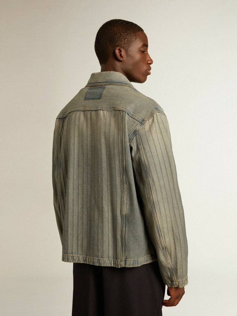 Golden Goose Coats & Jackets Men Gray Denim Men’s Denim Jacket With Stripes And Patches On The Front