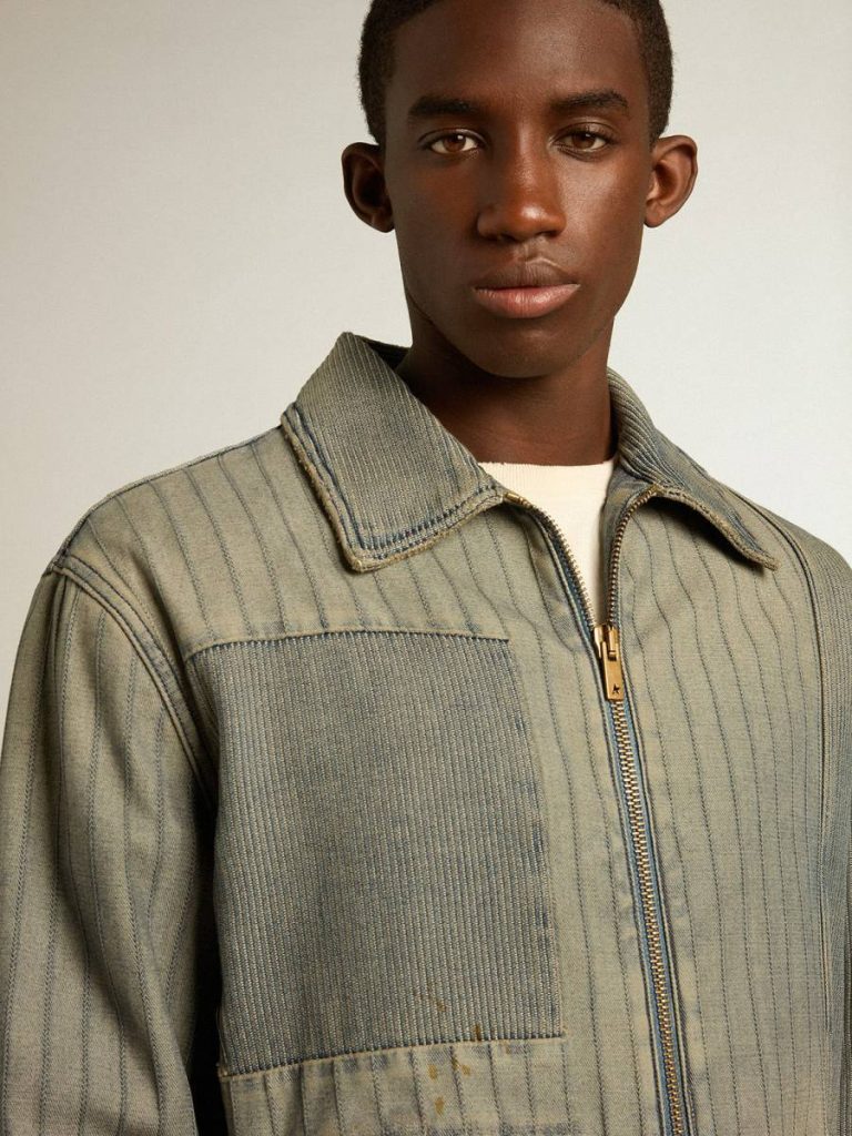 Golden Goose Coats & Jackets Men Gray Denim Men’s Denim Jacket With Stripes And Patches On The Front