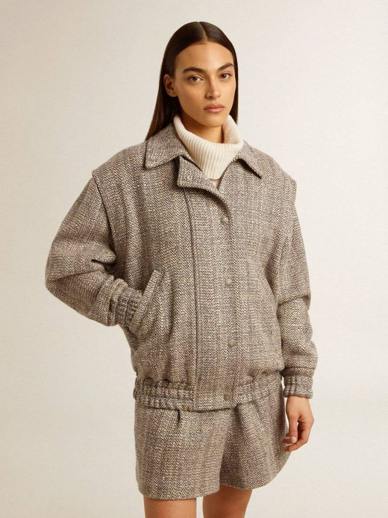 Golden Goose Coats & Jackets Women's Bomber Jacket In Ecru Brown Herringbone Wool Ecru Brown Women