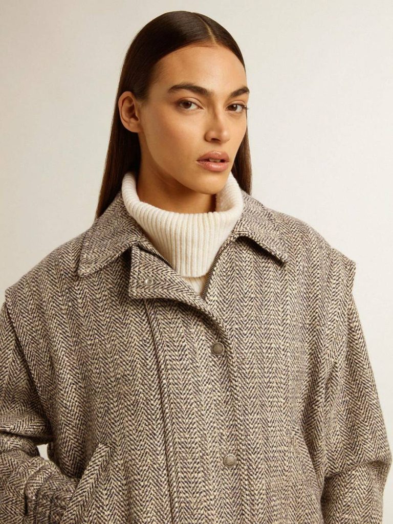 Golden Goose Coats & Jackets Women's Bomber Jacket In Ecru Brown Herringbone Wool Ecru Brown Women