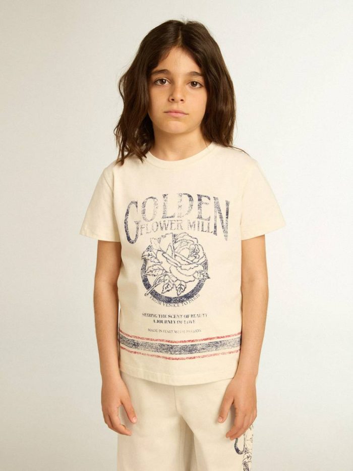 Golden Goose Cotton T-Shirt In Aged White With Faded Print At The Center Aged White Topwear Selection (4-12 Years) Kids