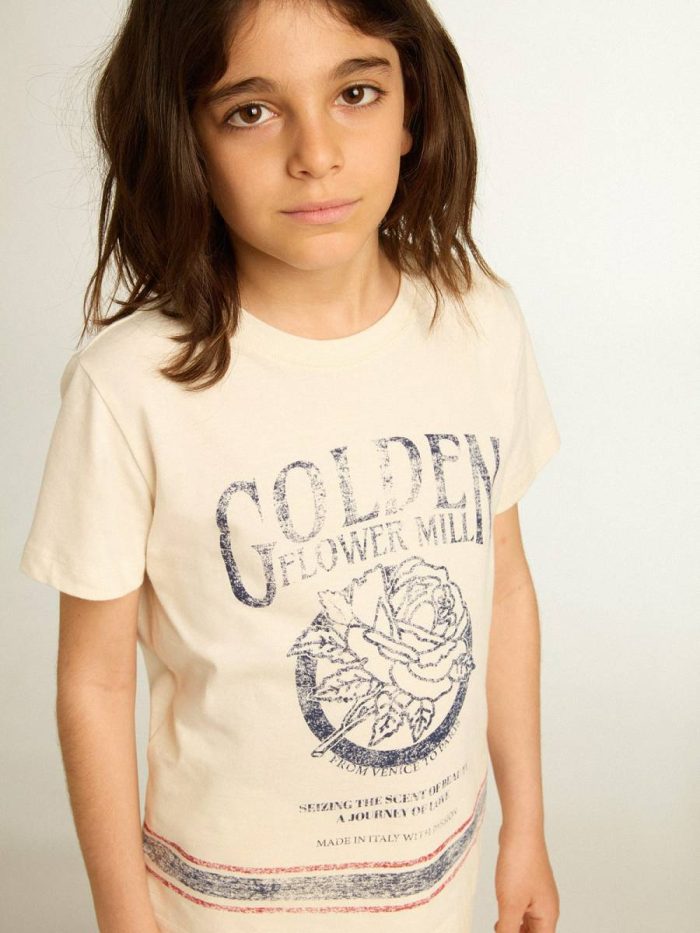 Golden Goose Cotton T-Shirt In Aged White With Faded Print At The Center Aged White Topwear Selection (4-12 Years) Kids