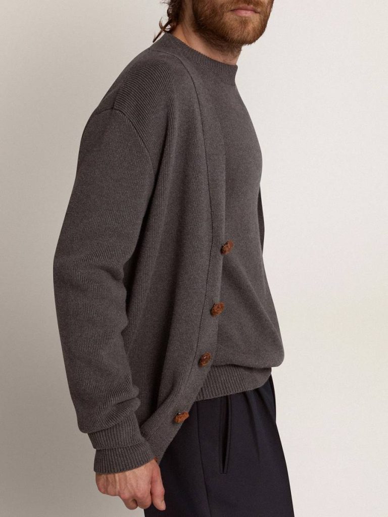Golden Goose Dark Gray Melange Men Men's Cardigan In Mélange Gray Cotton With Logo On The Back Knitwear