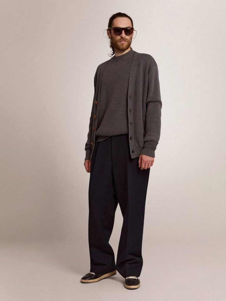 Golden Goose Dark Gray Melange Men Men's Cardigan In Mélange Gray Cotton With Logo On The Back Knitwear