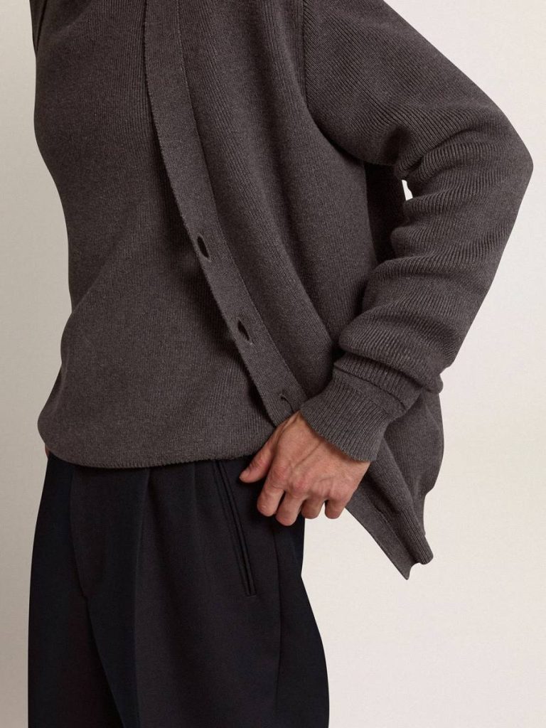 Golden Goose Dark Gray Melange Men Men's Cardigan In Mélange Gray Cotton With Logo On The Back Knitwear