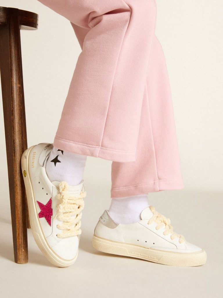 Golden Goose Girls (4-10 Years) May Young With Fuchsia Glitter Star And Metallic Leather Heel Tab White Kids