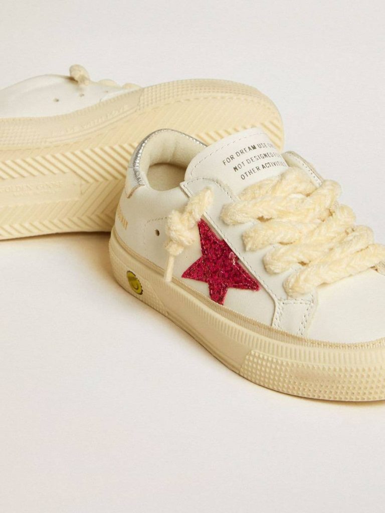 Golden Goose Girls (4-10 Years) May Young With Fuchsia Glitter Star And Metallic Leather Heel Tab White Kids