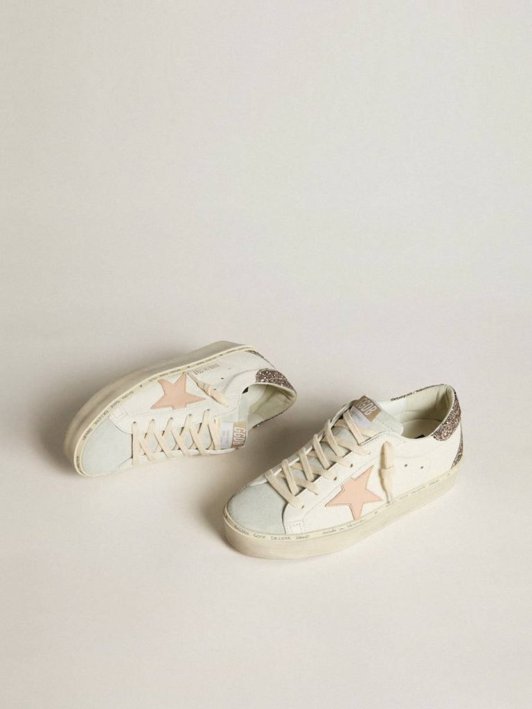 Golden Goose Hi Star Hi Star In White Nappa With Pink Leather Star And Glitter Heel Tab Women