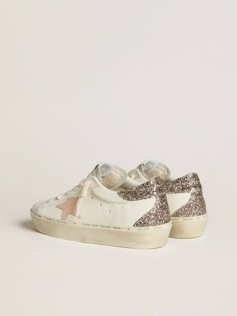 Golden Goose Hi Star Hi Star In White Nappa With Pink Leather Star And Glitter Heel Tab Women