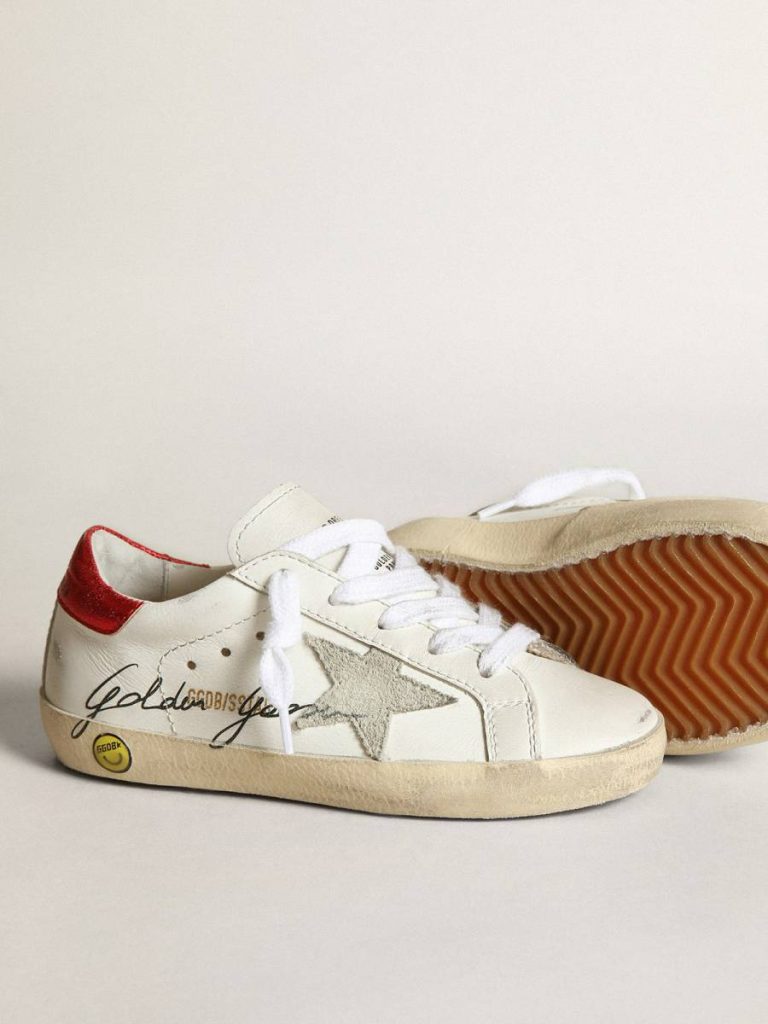 Golden Goose Junior Super-Star With Gray Star And Red Heel Tab White Kids Little Boys (1-3 Years)