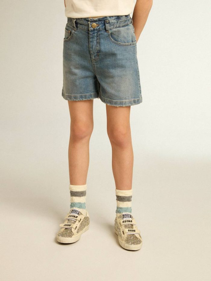Golden Goose Kids Blue Denim Bottomwear Selection (4-12 Years) Girls’ Denim Shorts With Distressed Finish