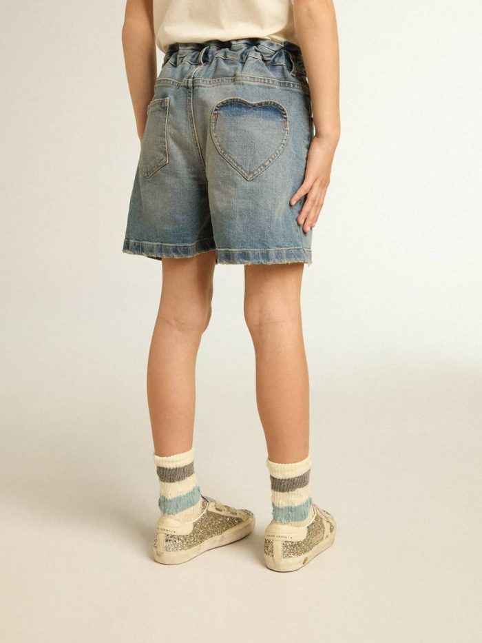 Golden Goose Kids Blue Denim Bottomwear Selection (4-12 Years) Girls’ Denim Shorts With Distressed Finish