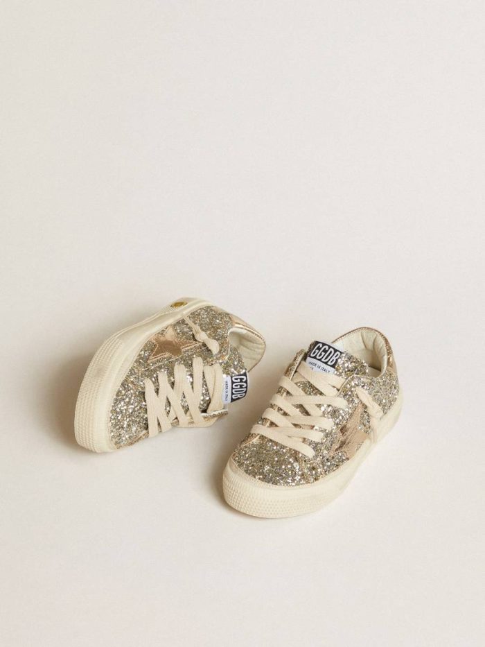 Golden Goose Kids Girls (4-10 Years) May Young In Platinum Glitter With Metallic Leather Star And Heel Tab