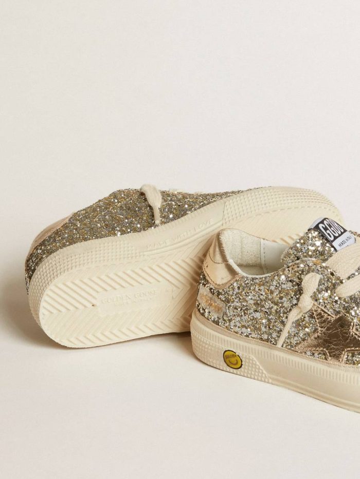 Golden Goose Kids Girls (4-10 Years) May Young In Platinum Glitter With Metallic Leather Star And Heel Tab