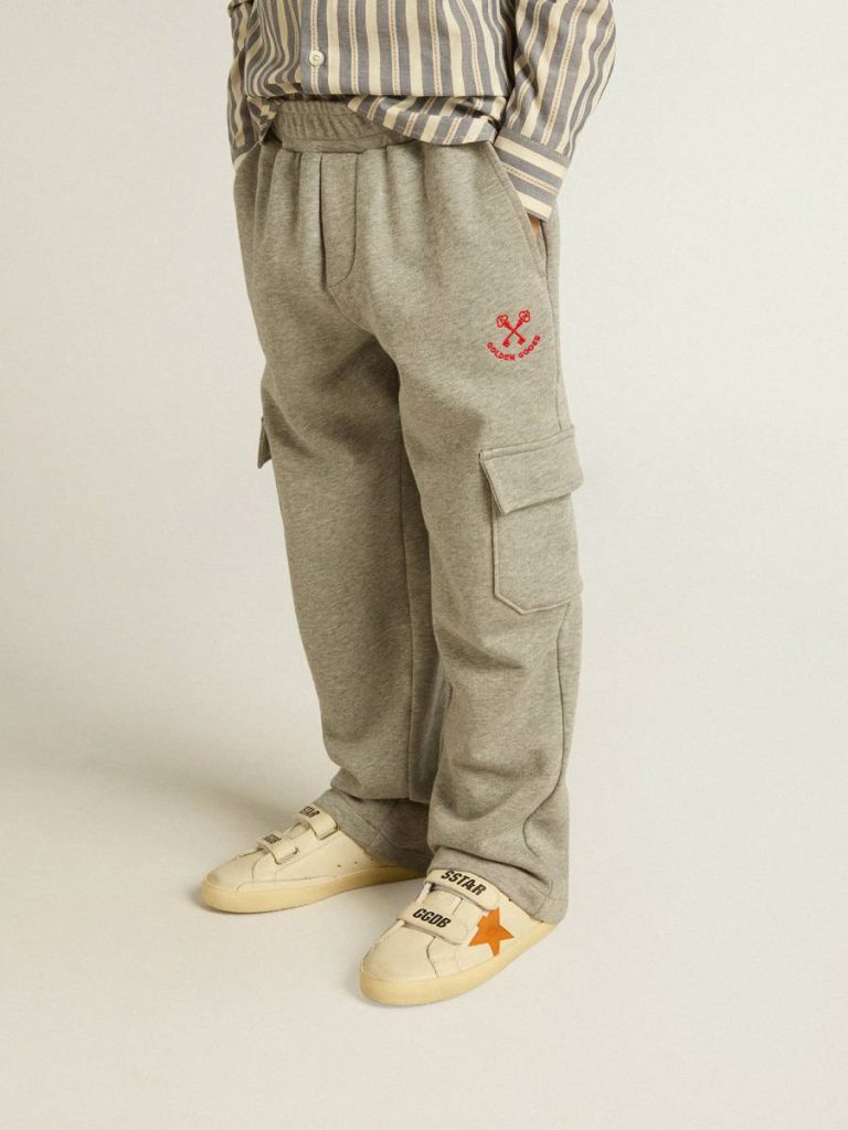 Golden Goose Kids Gray Melange Cotton Cargo Joggers With Embroidery Gray Melange Bottomwear Selection (4-12 Years)