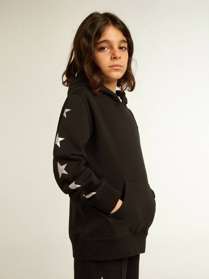 Golden Goose Kids Topwear Selection (4-12 Years) Black Boys’ Hooded Sweatshirt In Black With Contrasting Silver Stars