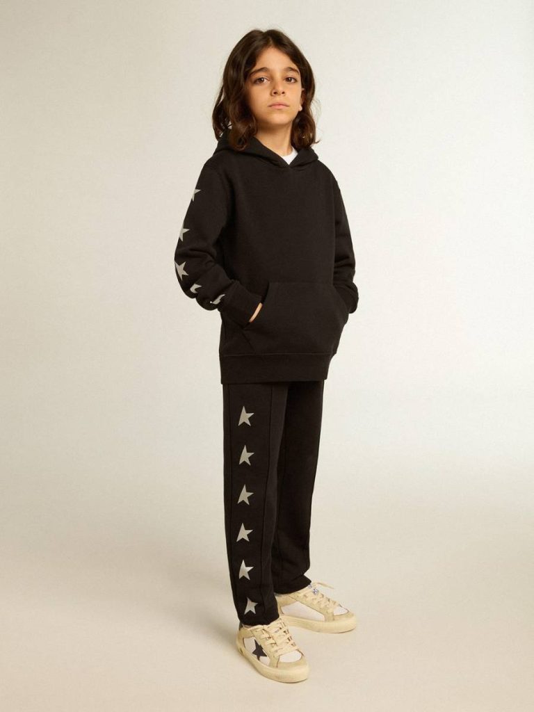 Golden Goose Kids Topwear Selection (4-12 Years) Black Boys’ Hooded Sweatshirt In Black With Contrasting Silver Stars