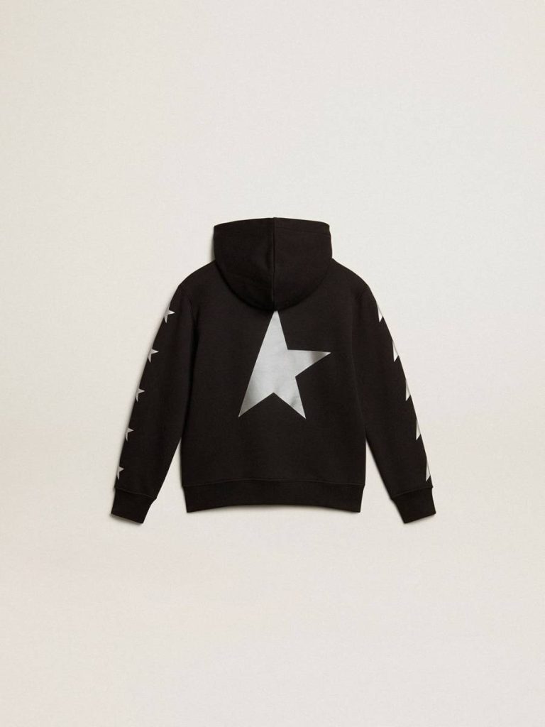 Golden Goose Kids Topwear Selection (4-12 Years) Black Boys’ Hooded Sweatshirt In Black With Contrasting Silver Stars