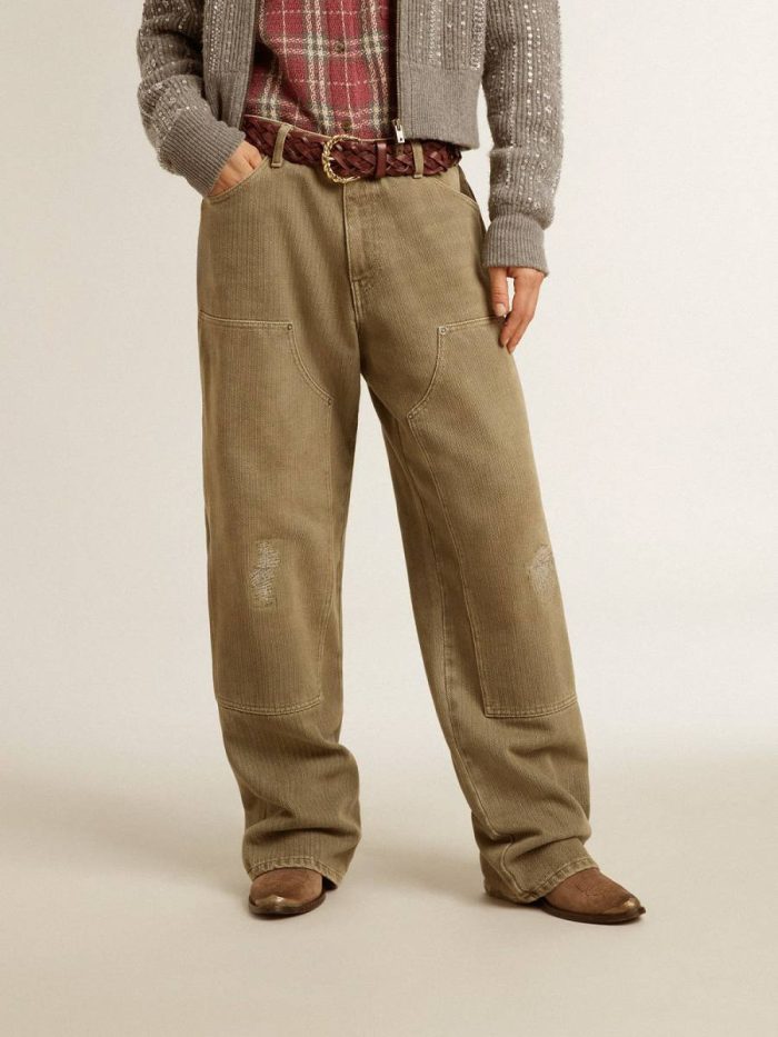 Golden Goose Light Olive Women's Distressed-Effect Cotton Pants Women Jeans & Pants