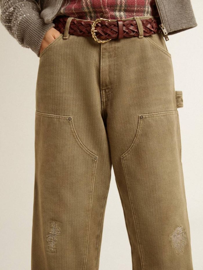 Golden Goose Light Olive Women's Distressed-Effect Cotton Pants Women Jeans & Pants
