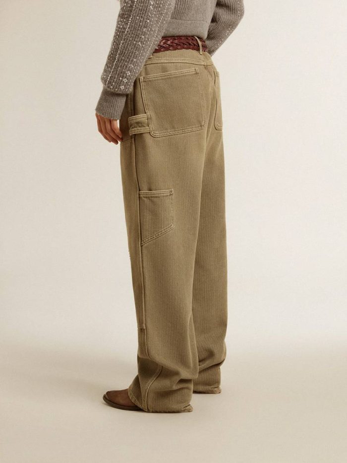 Golden Goose Light Olive Women's Distressed-Effect Cotton Pants Women Jeans & Pants