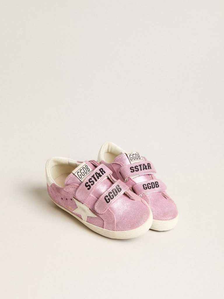 Golden Goose Little Girls (1-3 Years) Junior Old School In Metallic Pink Suede With White Leather Star And Heel Tab Kids