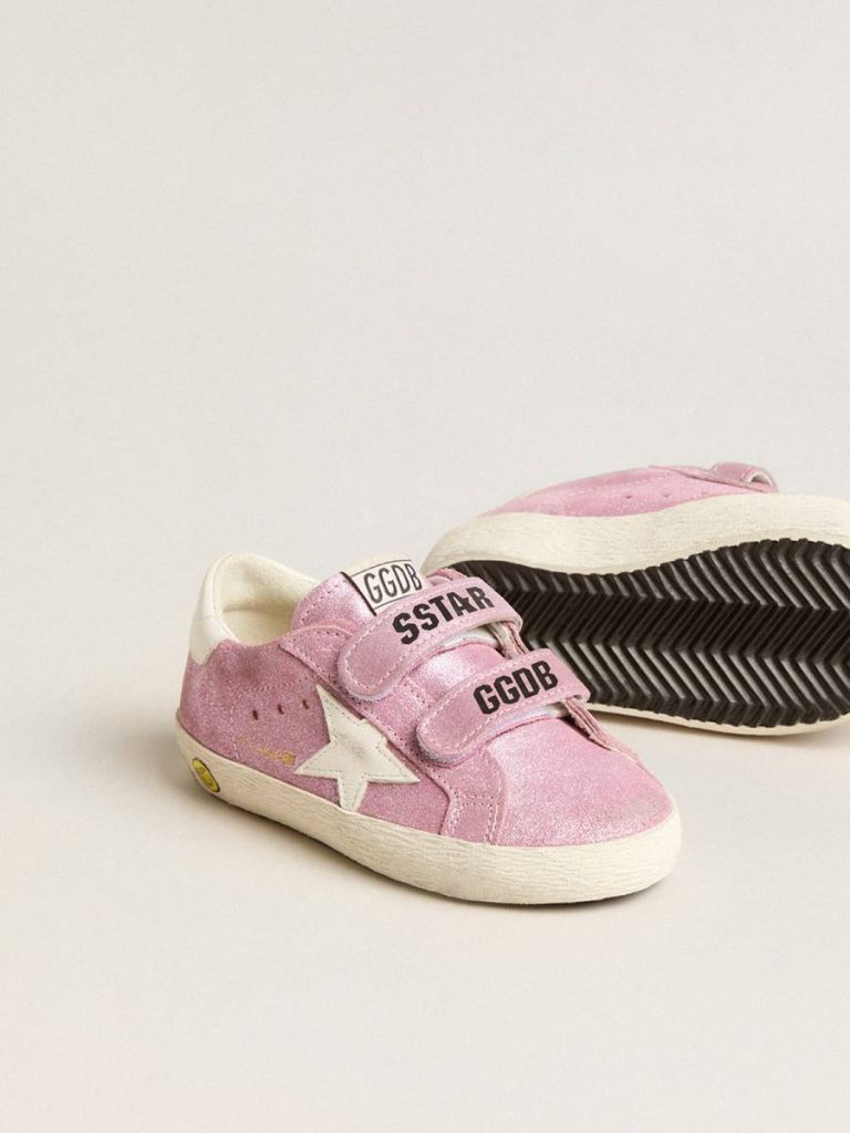 Golden Goose Little Girls (1-3 Years) Junior Old School In Metallic Pink Suede With White Leather Star And Heel Tab Kids