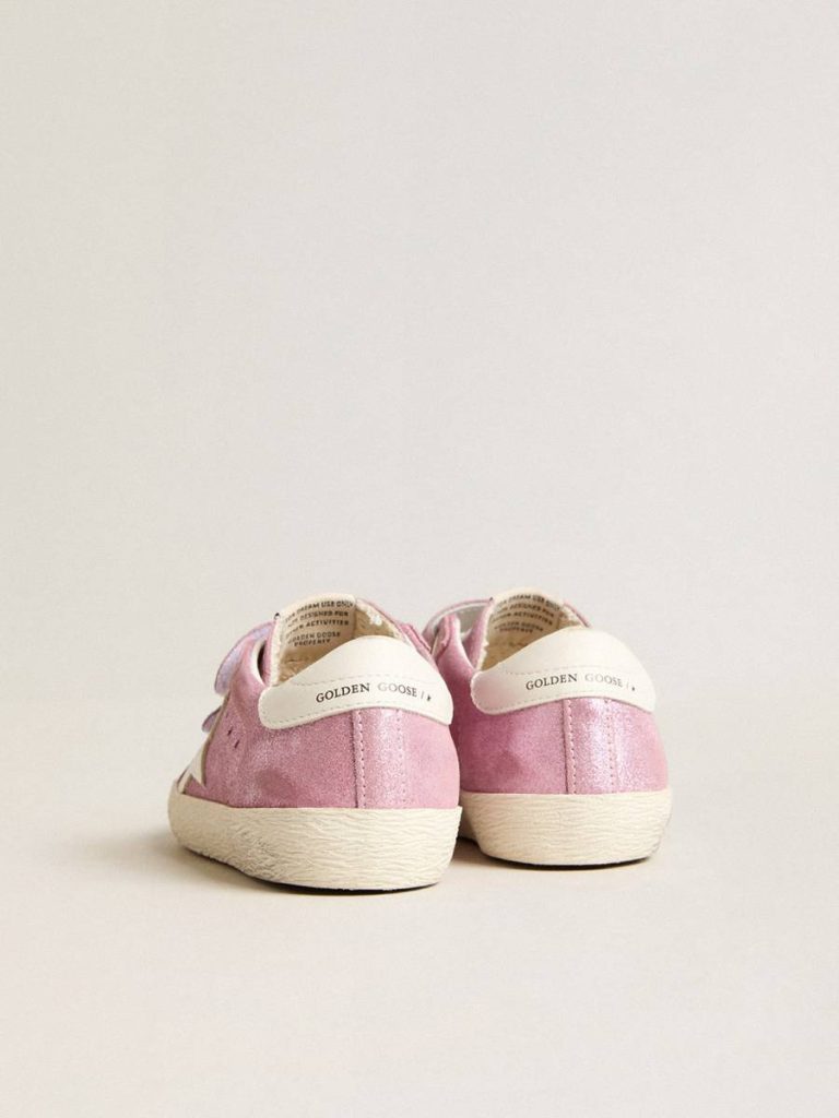 Golden Goose Little Girls (1-3 Years) Junior Old School In Metallic Pink Suede With White Leather Star And Heel Tab Kids