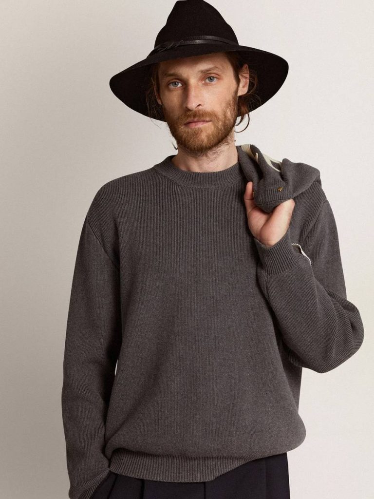 Golden Goose Men Dark Gray Melange Knitwear Men's Round-Neck Sweater In Dark Gray Cotton With Logo On The Back