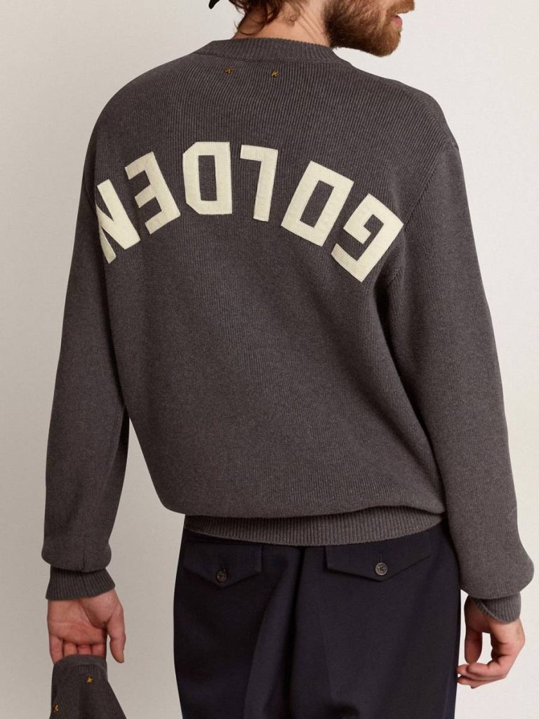 Golden Goose Men Dark Gray Melange Knitwear Men's Round-Neck Sweater In Dark Gray Cotton With Logo On The Back