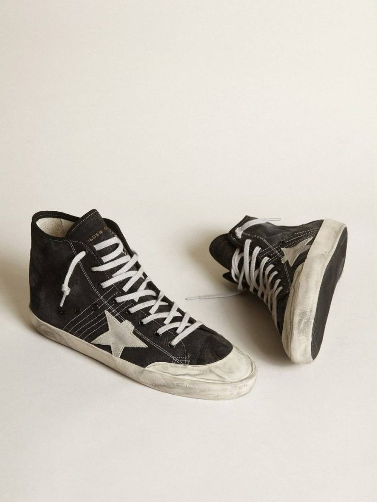 Golden Goose Men Francy Penstar In Black Canvas With White Suede Star And Black Suede Heel Tab Francy