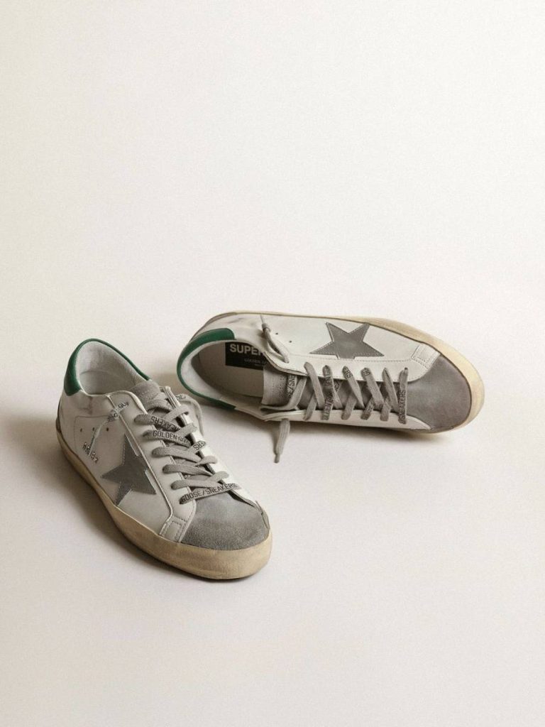 Golden Goose Men Men’s Super-Star In White Leather With Silver Star And Green Heel Tab Super-Star