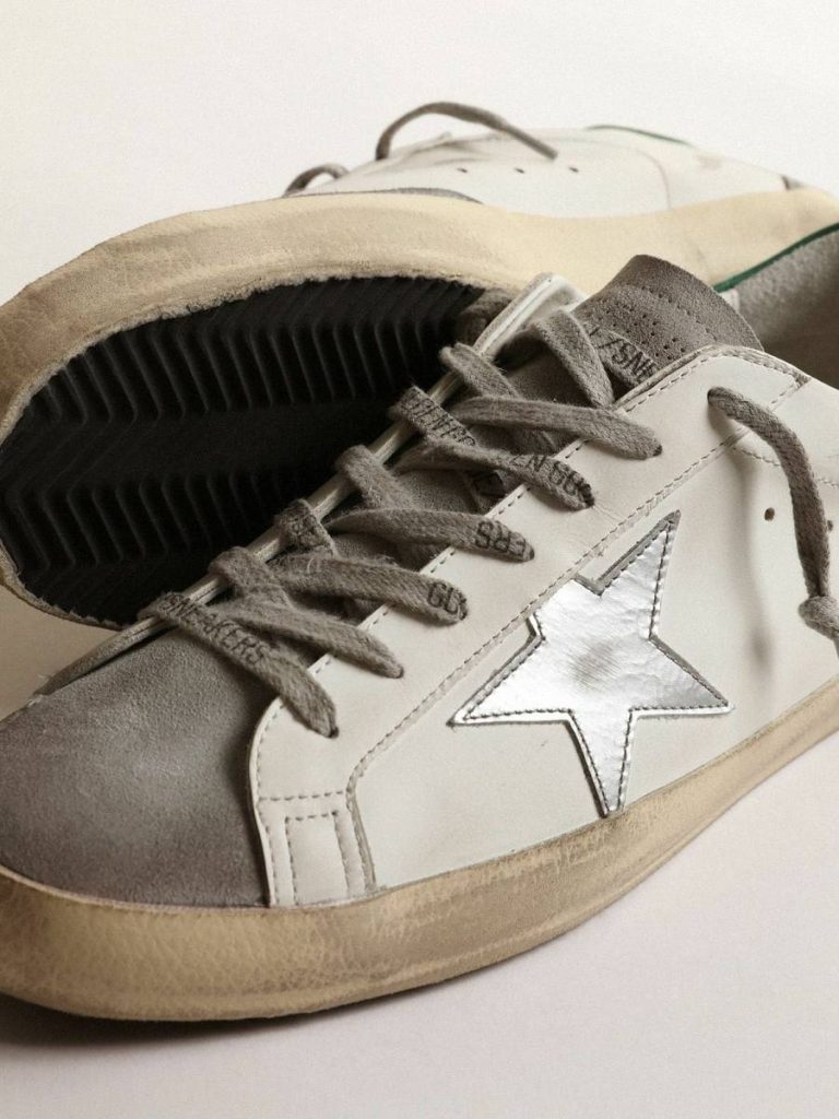 Golden Goose Men Men’s Super-Star In White Leather With Silver Star And Green Heel Tab Super-Star