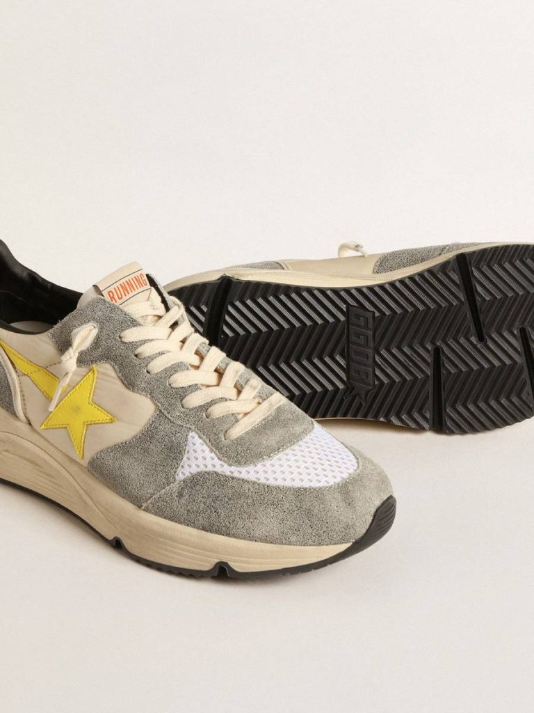 Golden Goose Men Running Sole In Beige Nylon And Gray Suede With Yellow Star Running Sole