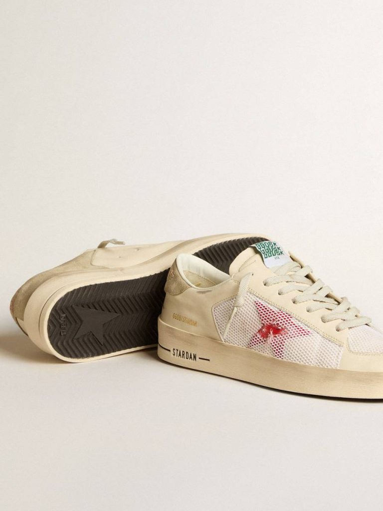 Golden Goose Men Stardan Men's Stardan In White Leather And Mesh With Red Star And Sand-Colored Heel Tab