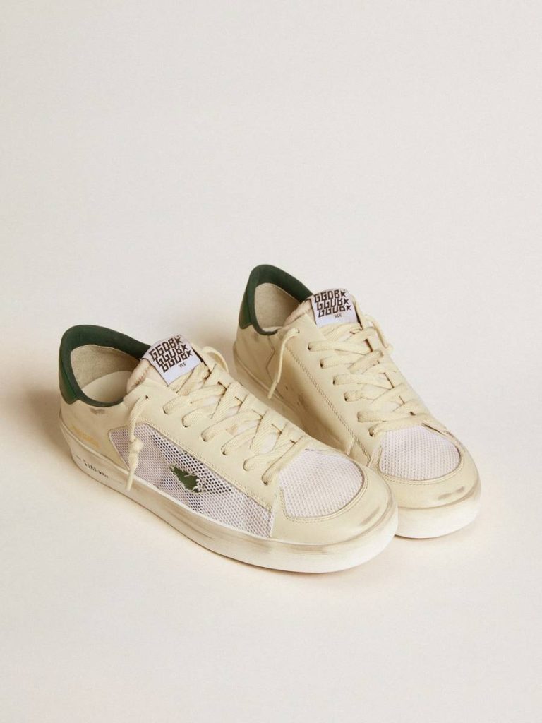 Golden Goose Men Stardan Stardan In White Suede And Mesh With Green Leather Star And Heel Tab