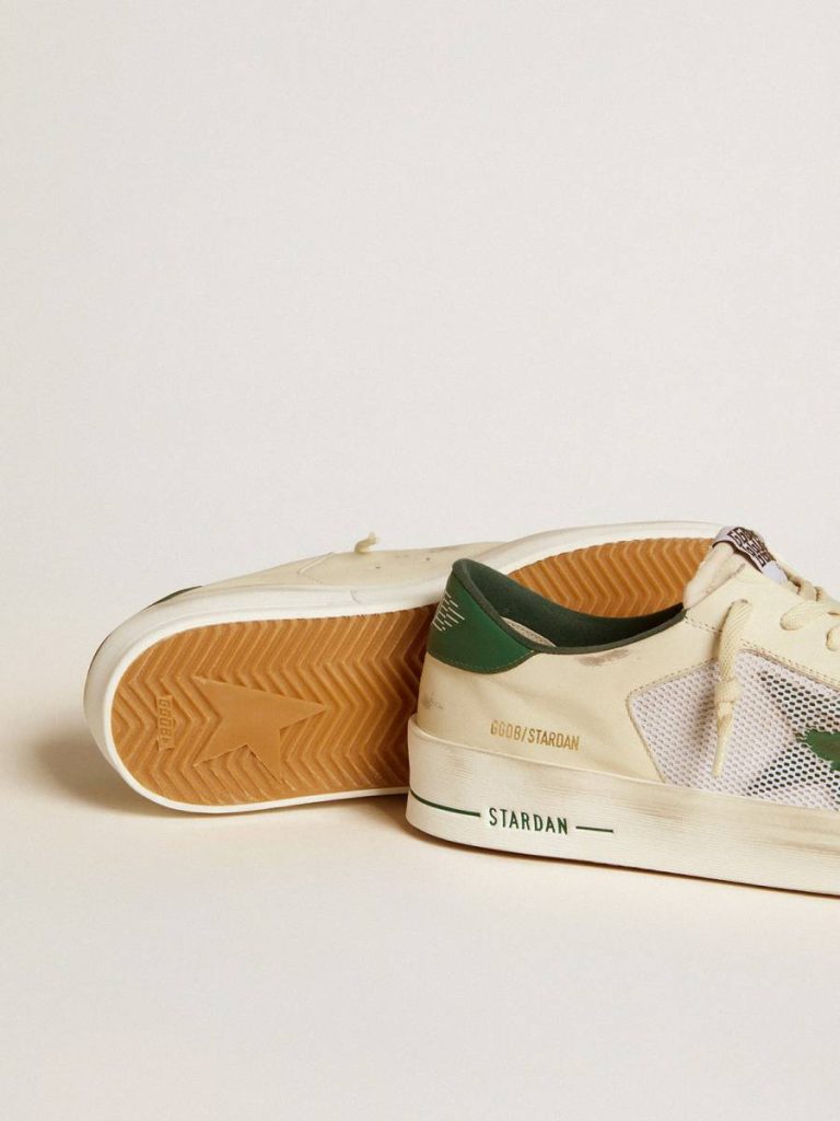 Golden Goose Men Stardan Stardan In White Suede And Mesh With Green Leather Star And Heel Tab