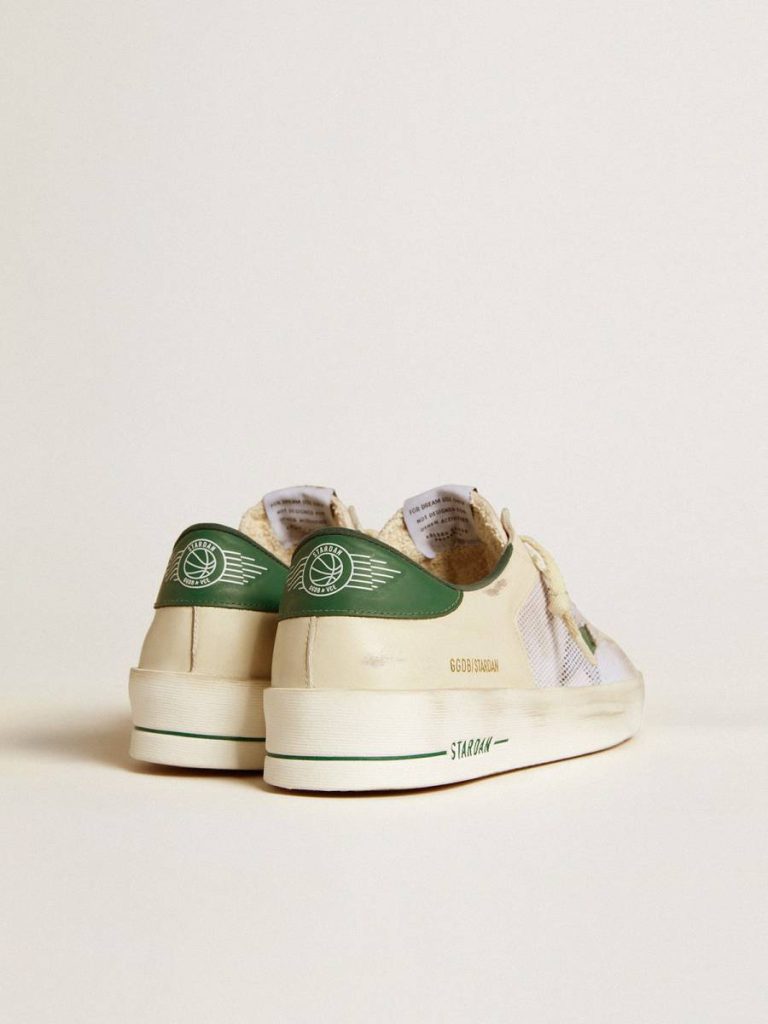 Golden Goose Men Stardan Stardan In White Suede And Mesh With Green Leather Star And Heel Tab