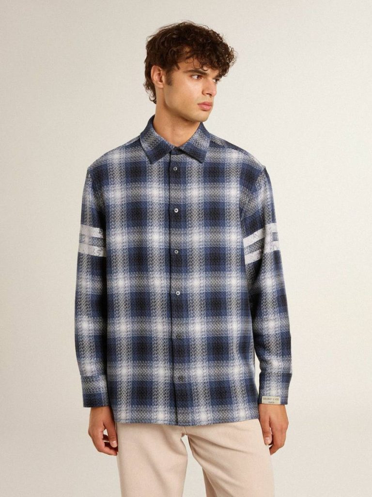 Golden Goose Men's Blue 3D Checkered Shirt With Print On The Back Men Shirts Blue And White